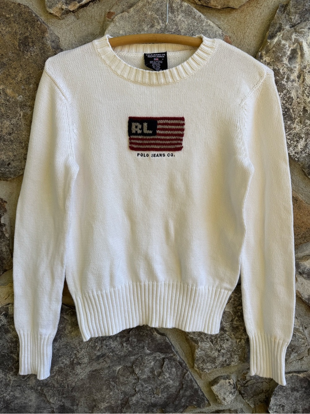 Vintage Polo Jeans Co Ralph Lauren Flag Sweater M Ivory Cotton 90s Y2K Coastal